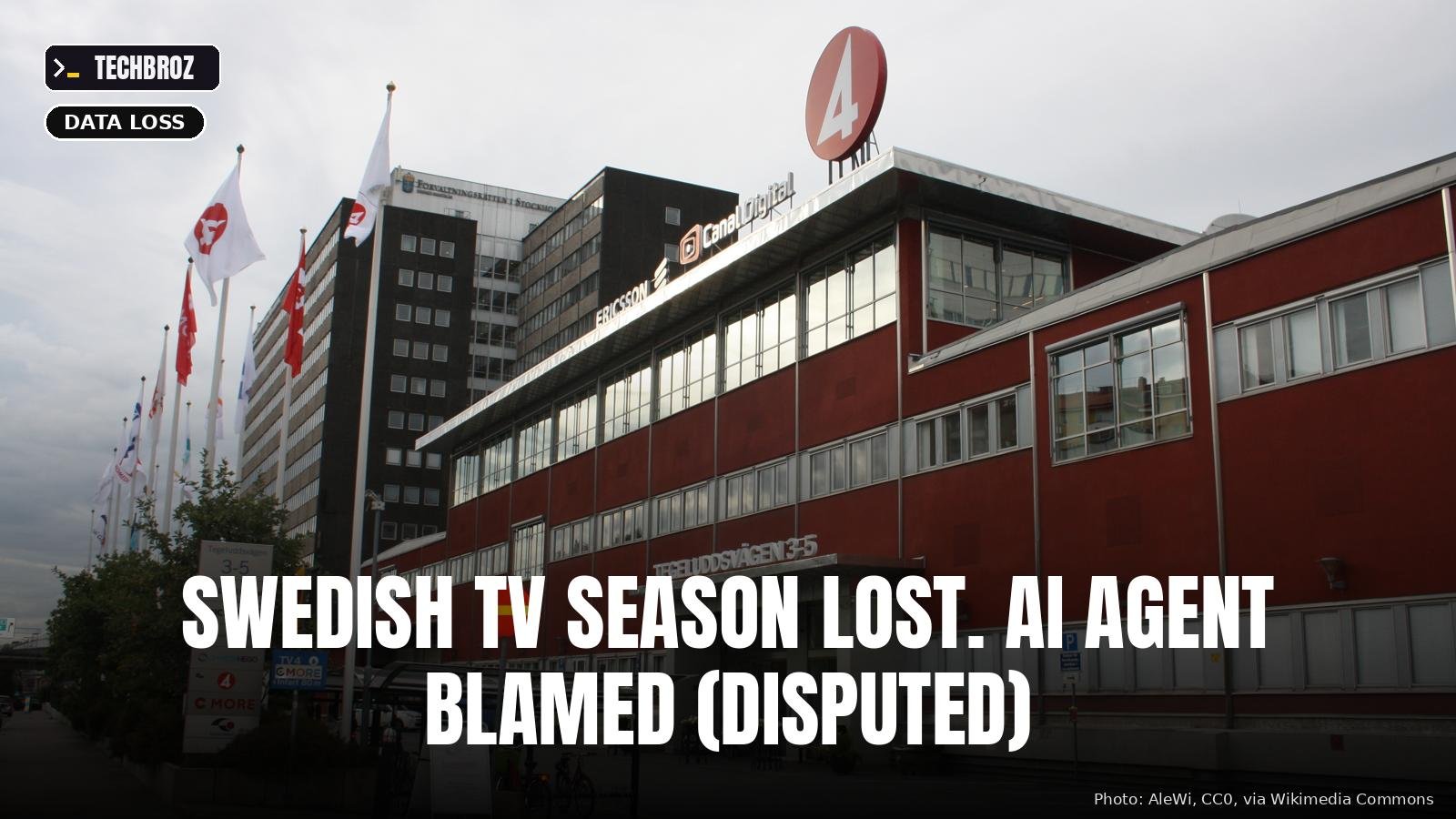 TV4's building in Stockholm; TV4 disputes the AI-agent claim.